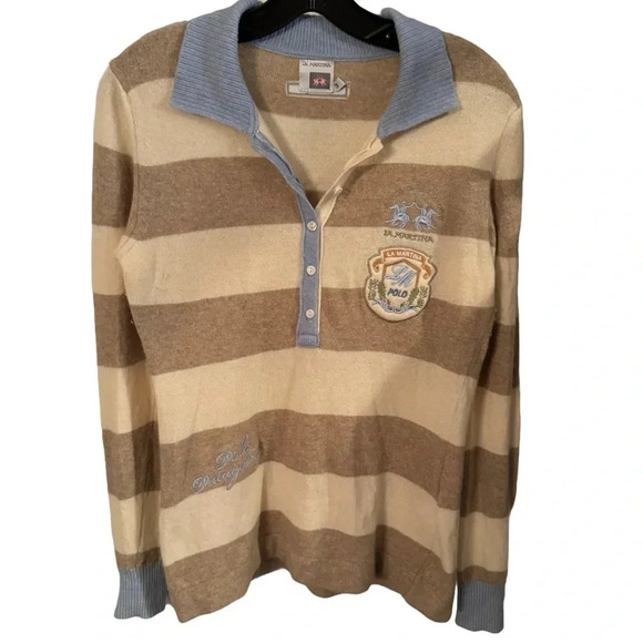 La Martina Polo Women's will cashmere blend V-Neck Sweater - Cream and Brown - Picture 1 of 12